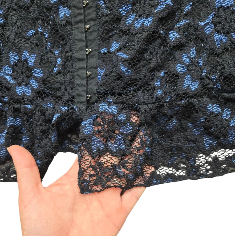 Vintage Y2K Lace Floral Whimsigoth Black Blue Studio 1940 Hook Eye Tank Top L - Picture 3 of 7